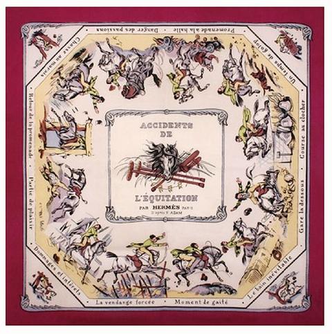 A variation of the Hermès scarf `Accidents de l'équitation` first edited in 1994 by `Hugo Grygkar`