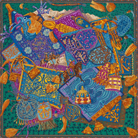 A variation of the Hermès scarf `Les cavaliers du caucase` first edited in 2015 by `Annie Faivre`