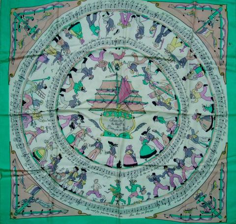 A variation of the Hermès scarf `Chansons du Temps de la Marine Bois` first edited in 1948 by `Hugo Grygkar`