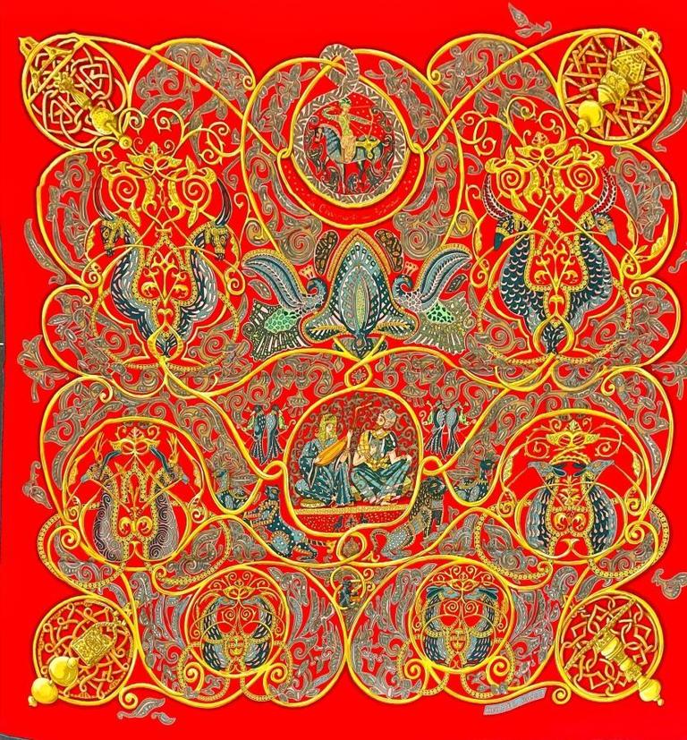 美品 エルメス　Hermes シルク 動物柄　熊　コアラ 赤 臙脂 La charmante aux animaux orange - Hermès Scarf Details | Scarf Sage