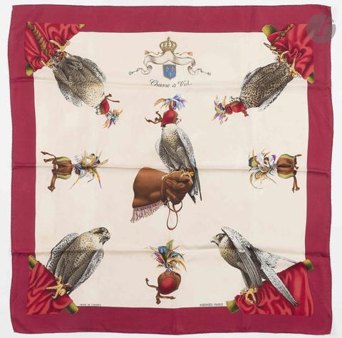 Hermès Chasse à Vol scarf in pink by Henri de Linarès, 1982