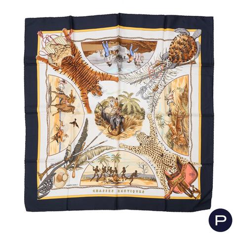 Hermès Chasses Exotiques scarf in blue by Philippe Ledoux, 1980