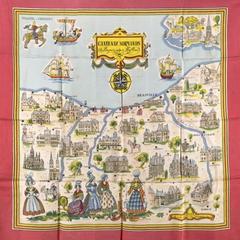 A variation of the Hermès scarf `Châteaux normandes de bayeux jusqu'à honfleur ` first edited in 1953 by `Dessinateur inconnu`