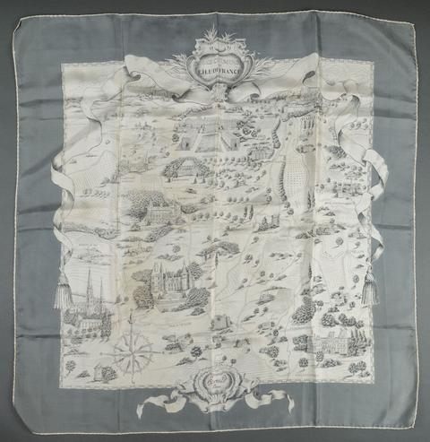 Hermès Les Chemins de l'Ile de France scarf in gray by Dessinateur inconnu, 1952