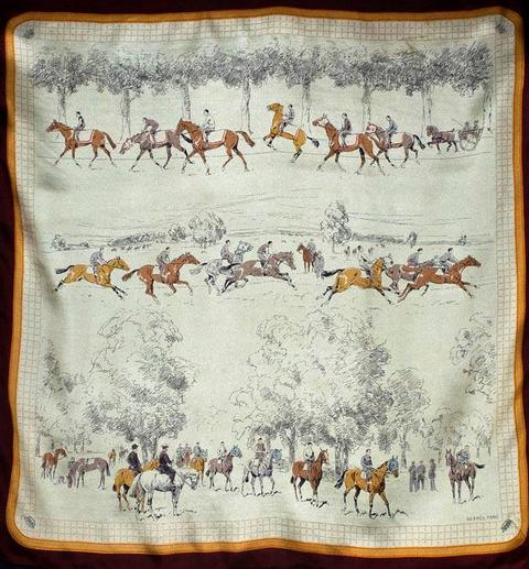 A variation of the Hermès scarf `Chevaux à l'entrainement` first edited in 1952 by `Reille Karl`