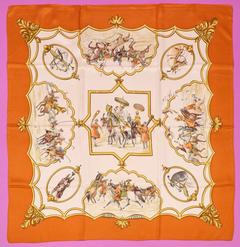 Hermès Les Chevaux des Moghols scarf in orange by Jean De Fougerolle, 1993