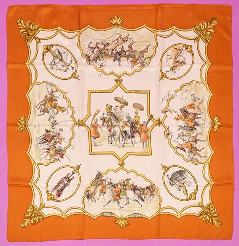 Hermès Les Chevaux des Moghols scarf in orange by Jean De Fougerolle, 1993