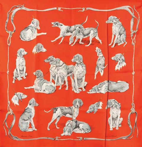 A variation of the Hermès scarf `Chiens de meute` first edited in 1959 by `Xavier de Poret`