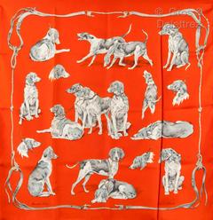 A variation of the Hermès scarf `Chiens de meute` first edited in 1959 by `Xavier de Poret`