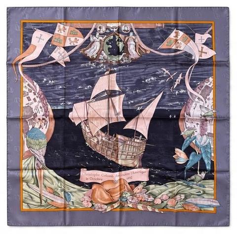 Hermès Christophe Colomb Découvre l'Amérique scarf in blue by Carl De Parcevaux, 1992