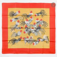 Hermès Les Coqs scarf in red by Madame la Torre, 1964