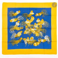 Hermès Les Coqs scarf in blue by Madame la Torre, 1964