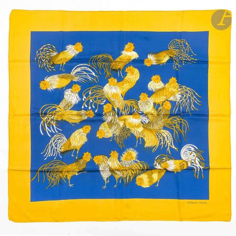 Hermès Les Coqs scarf in blue by Madame la Torre, 1964