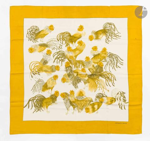 Hermès Les Coqs scarf in yellow by Madame la Torre, 1964