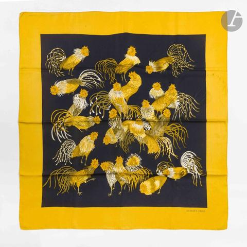 Hermès Les Coqs scarf in yellow by Madame la Torre, 1964