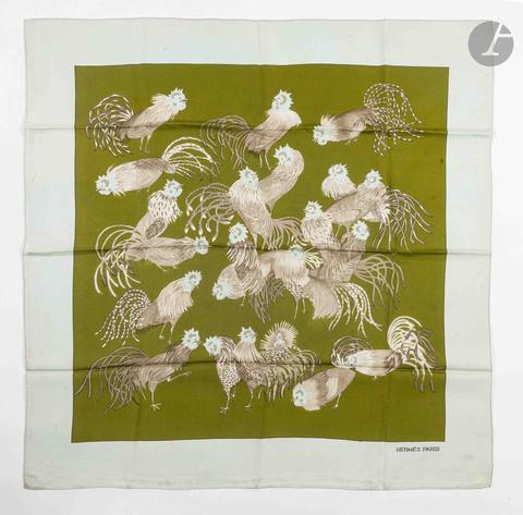 Hermès Les Coqs scarf in green by Madame la Torre, 1964
