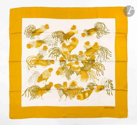 Hermès Les Coqs scarf in yellow by Madame la Torre, 1964