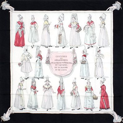 A variation of the Hermès scarf `Costumes normands` first edited in 1950 by `Hugo Grygkar`