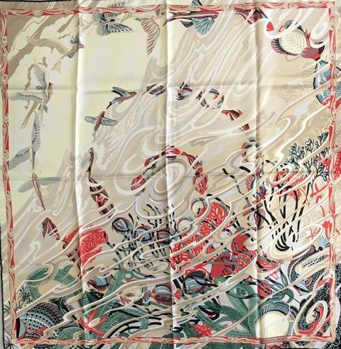 A variation of the Hermès scarf `De la mer au ciel ` first edited in 2004 by `Laurence Bourthoumieux`