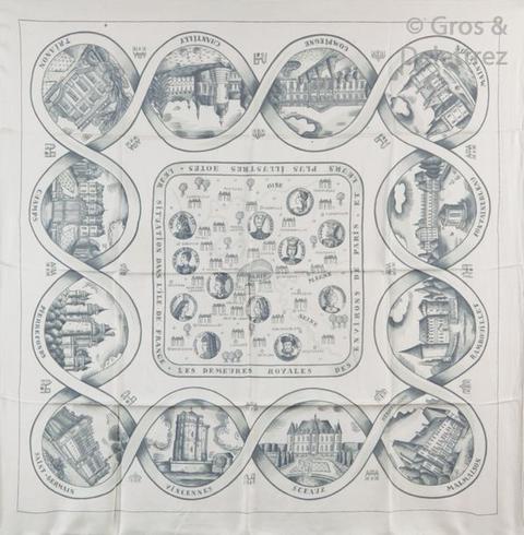 A variation of the Hermès scarf `Les demeures royales des environs de paris ` first edited in 1958 by `Hugo Grygkar`