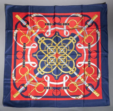 Hermès Éperon d'Or scarf in red by Henri d'Origny, 1974