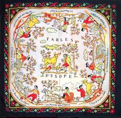 A variation of the Hermès scarf `Les fables de la fontaine` first edited in 1947 by `Hugo Grygkar`