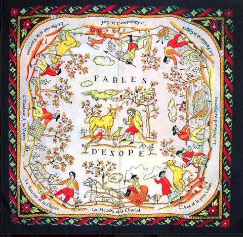 A variation of the Hermès scarf `Les fables de la fontaine` first edited in 1947 by `Hugo Grygkar`