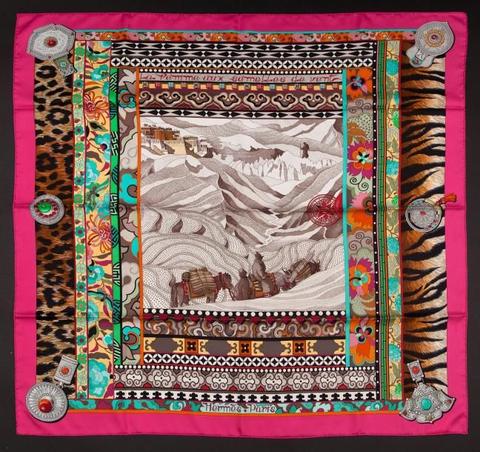 A variation of the Hermès scarf `La femme aux semelles de vent ` first edited in 2009 by `Aline Honoré`