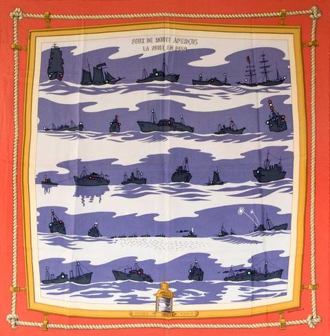 A variation of the Hermès scarf `Feux de route aperçus la nuit en mer ` first edited in 1952 by `Pierre Péron`