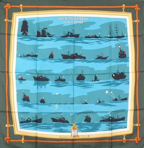 A variation of the Hermès scarf `Feux de route aperçus la nuit en mer ` first edited in 1952 by `Pierre Péron`