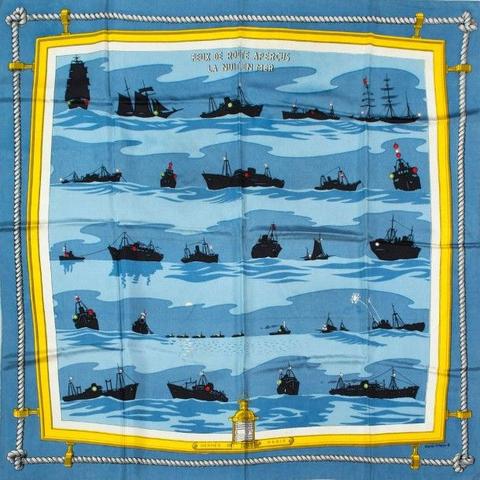 A variation of the Hermès scarf `Feux de route aperçus la nuit en mer ` first edited in 1952 by `Pierre Péron`