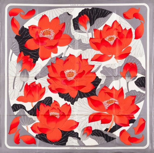 Fleurs de lotus gray - Hermès Scarf Details | Scarf Sage Fleurs de lotus gray - Hermès Scarf Details | Scarf Sage