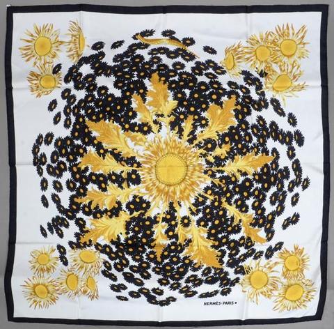 A variation of the Hermès scarf `Fleurs et carlines ` first edited in 1985 by `Vladimir Rybaltchenko`