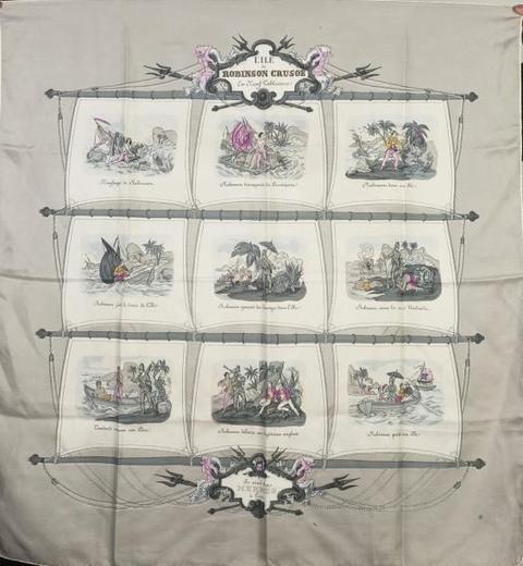 A variation of the Hermès scarf `Ile de robinson crusoé en 9 tableaux ` first edited in 1951 by `Hugo Grygkar`