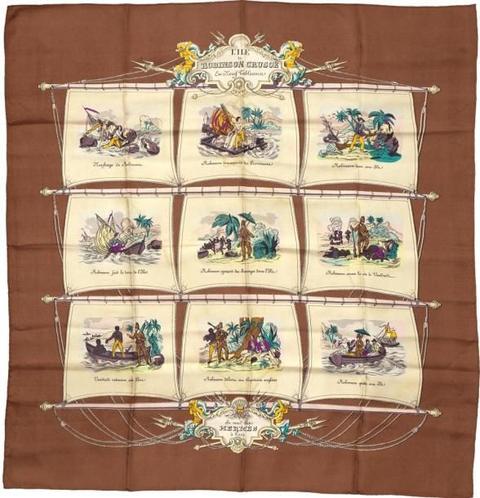A variation of the Hermès scarf `Ile de robinson crusoé en 9 tableaux ` first edited in 1951 by `Hugo Grygkar`