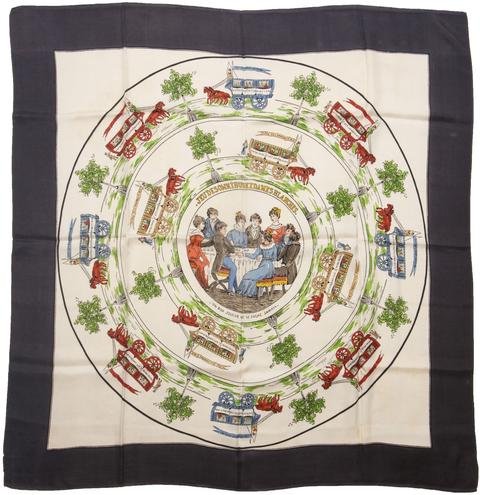 A variation of the Hermès scarf `Jeu des omnibus et dames blanches` first edited in 1937 by `Robert Dumas`