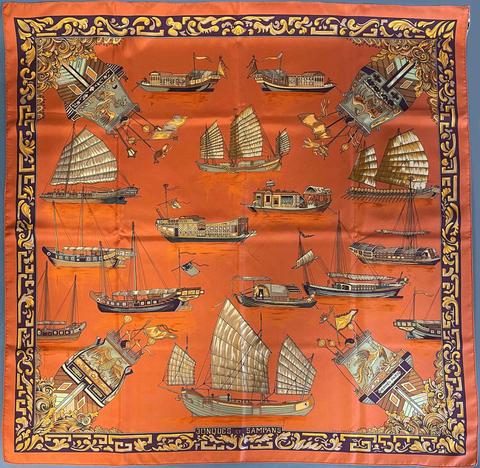 A variation of the Hermès scarf `Jonques et sampans ` first edited in 1966 by `Françoise De La Perriere`