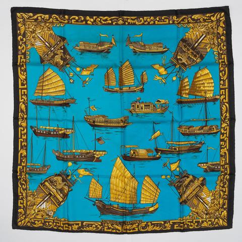 A variation of the Hermès scarf `Jonques et sampans` first edited in 1966 by `Françoise De La Perriere`