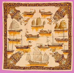 Hermès Jonques et Sampans scarf in beige by Françoise De La Perriere, 1966