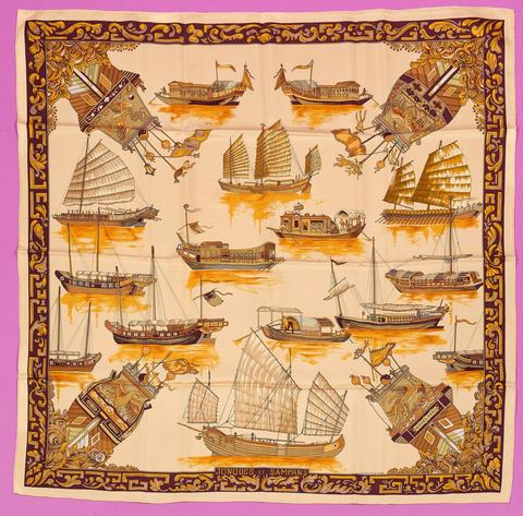 Hermès Jonques et Sampans scarf in beige by Françoise De La Perriere, 1966