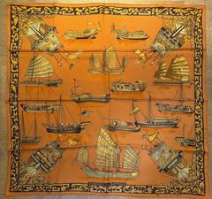 Hermès Jonques et Sampans scarf in orange by Françoise De La Perriere, 1966