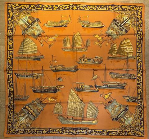 Hermès Jonques et Sampans scarf in orange by Françoise De La Perriere, 1966